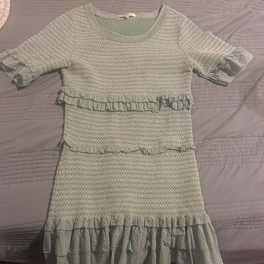 LoveShackFancy Green Puff Sleeve Fit and Flare Dress